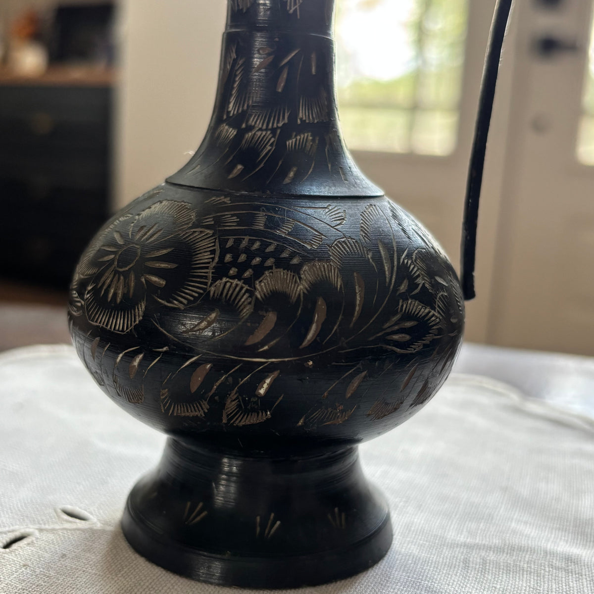 Vintage Floral Etched Brass Ewer Pitcher