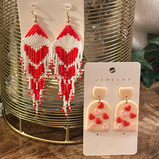 Valentine’s Day: Heart Seed Bead Fringe Dangle Earrings or Pink zHearts