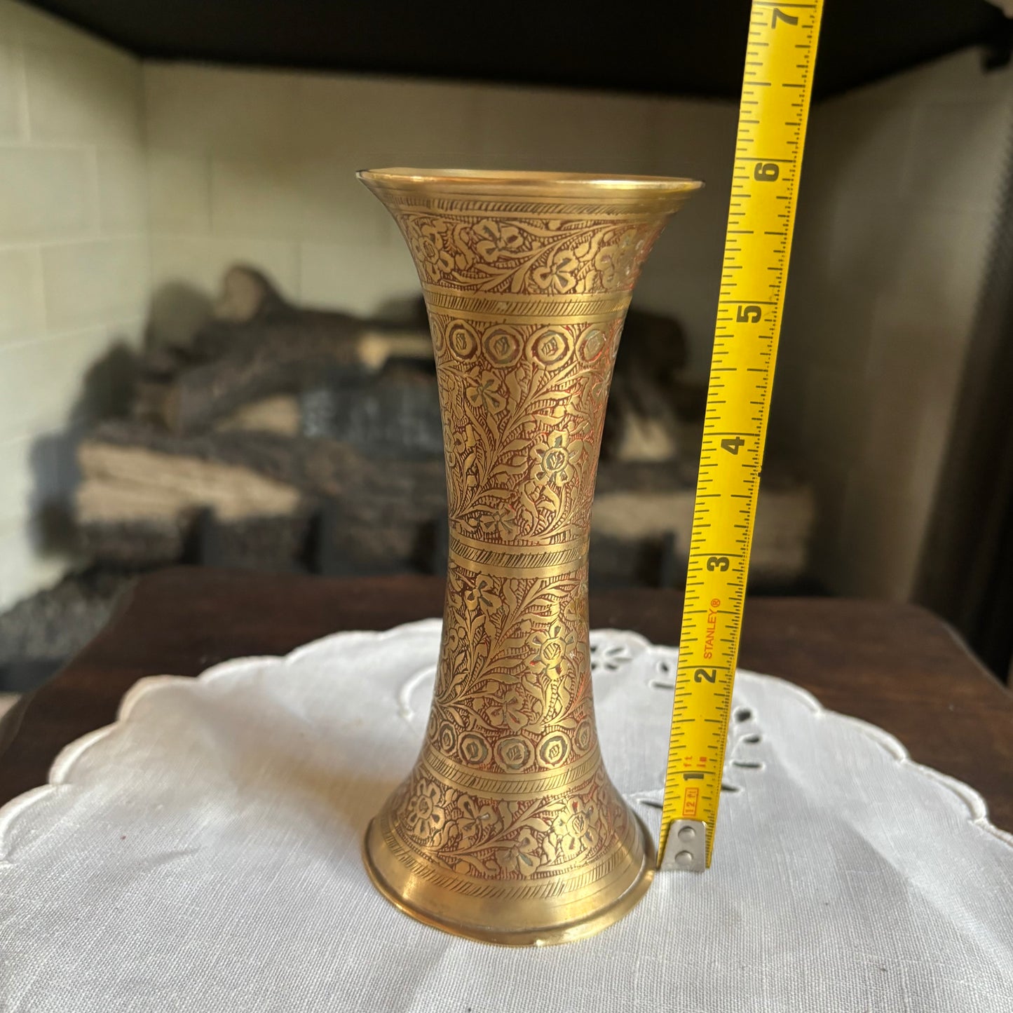 Etched Floral Brass Vase