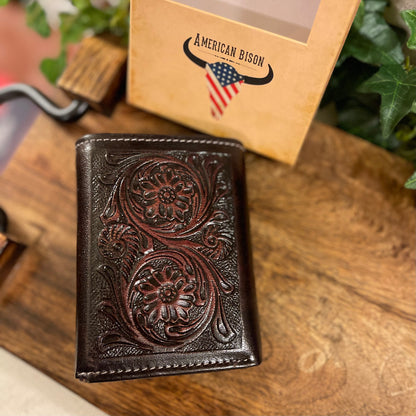 American Bison Tooled Leather Trifold Wallet with Floral Pattern