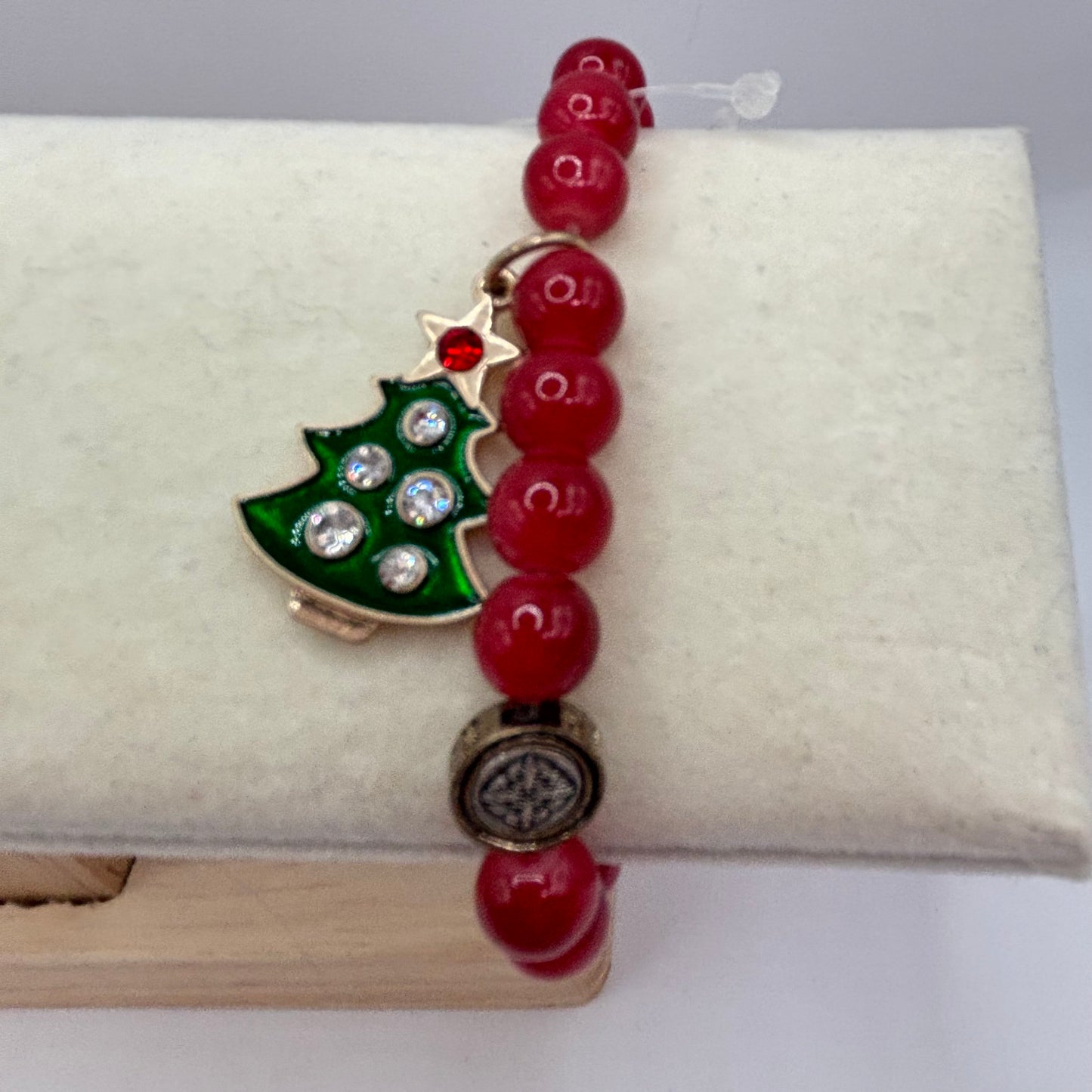 Jane Marie Kids Red Beaded Bracelet With Christmas Tree Dangle Charm