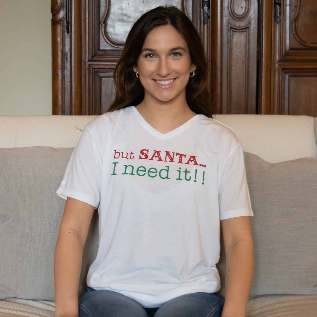 “But Santa” V-Neck T-Shirt   For Women White/Red/Dark Green