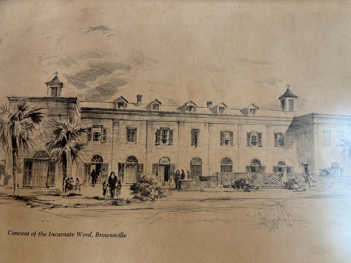 Pair of Framed Panoramic Prints Featuring Architectural Sketches of Historic Texas