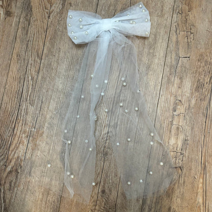 Large White Hair Bow • Faux Pearl