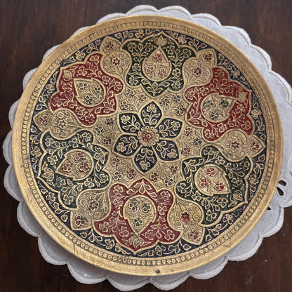 Solid Brass Etched Enamel Floral Footed Plate 8” • MCM