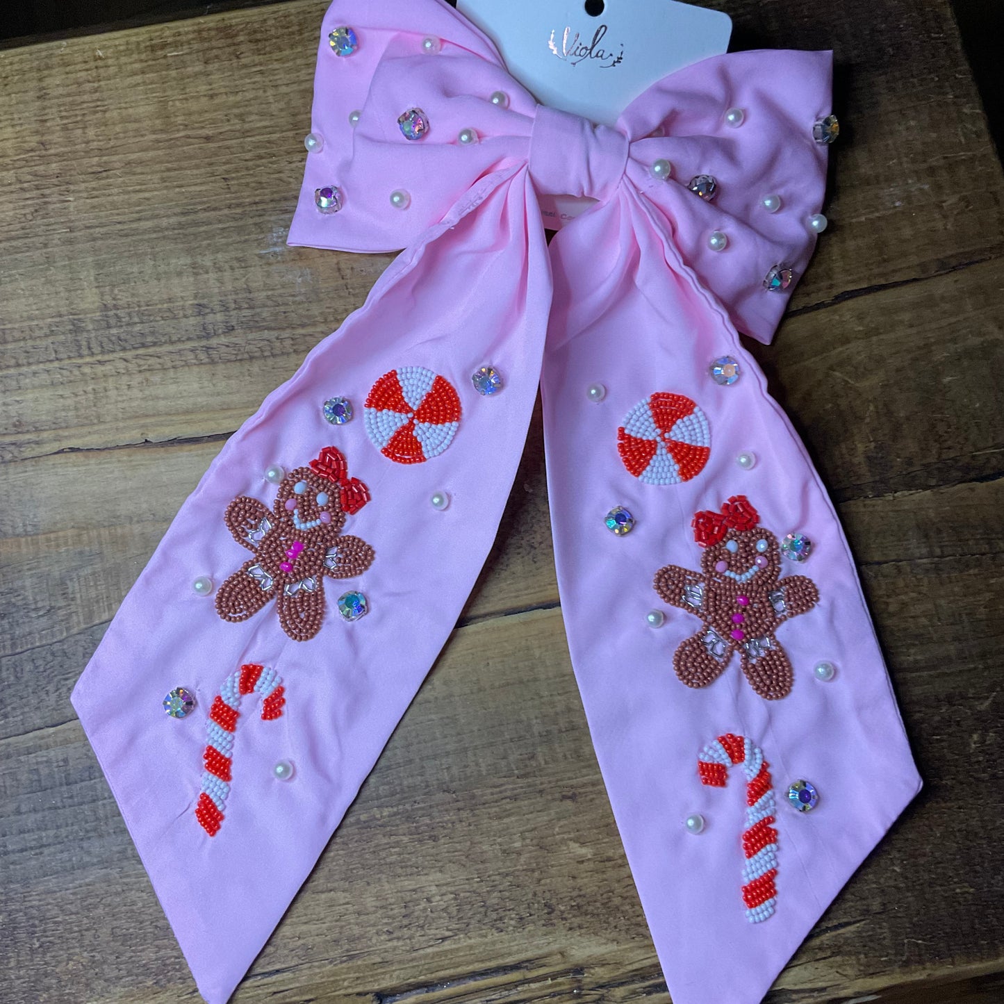 Christmas Hair Bow Featuring Seed Bead and Colored Stones