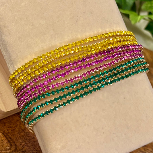 Mardi Gras Stretch Bracelet Set With Rhinestone Accents in Purple Gold and Green