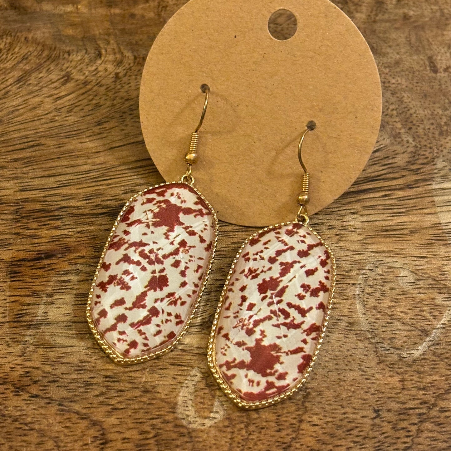 Brown Cow Print Acrylic Earrings on Gold Metal 2.5” long