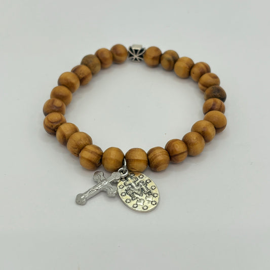 Religious Bracelets - Wooden Beaded Bracelet With Cross Charm