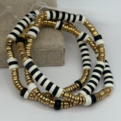 Black Multi Colored Heishi Bead With Gold Stretch Bracelet Set