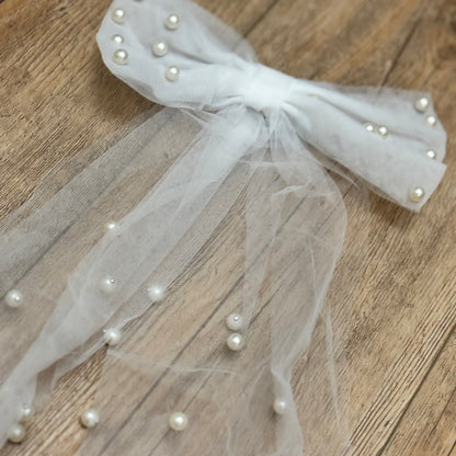 Large White Hair Bow • Faux Pearl