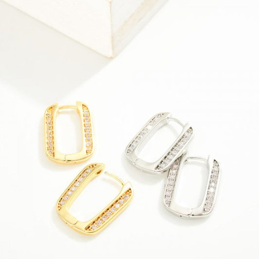 Cubic Zirconia Rounded Rectangle Huggie Hoop Earrings in Gold or Silver