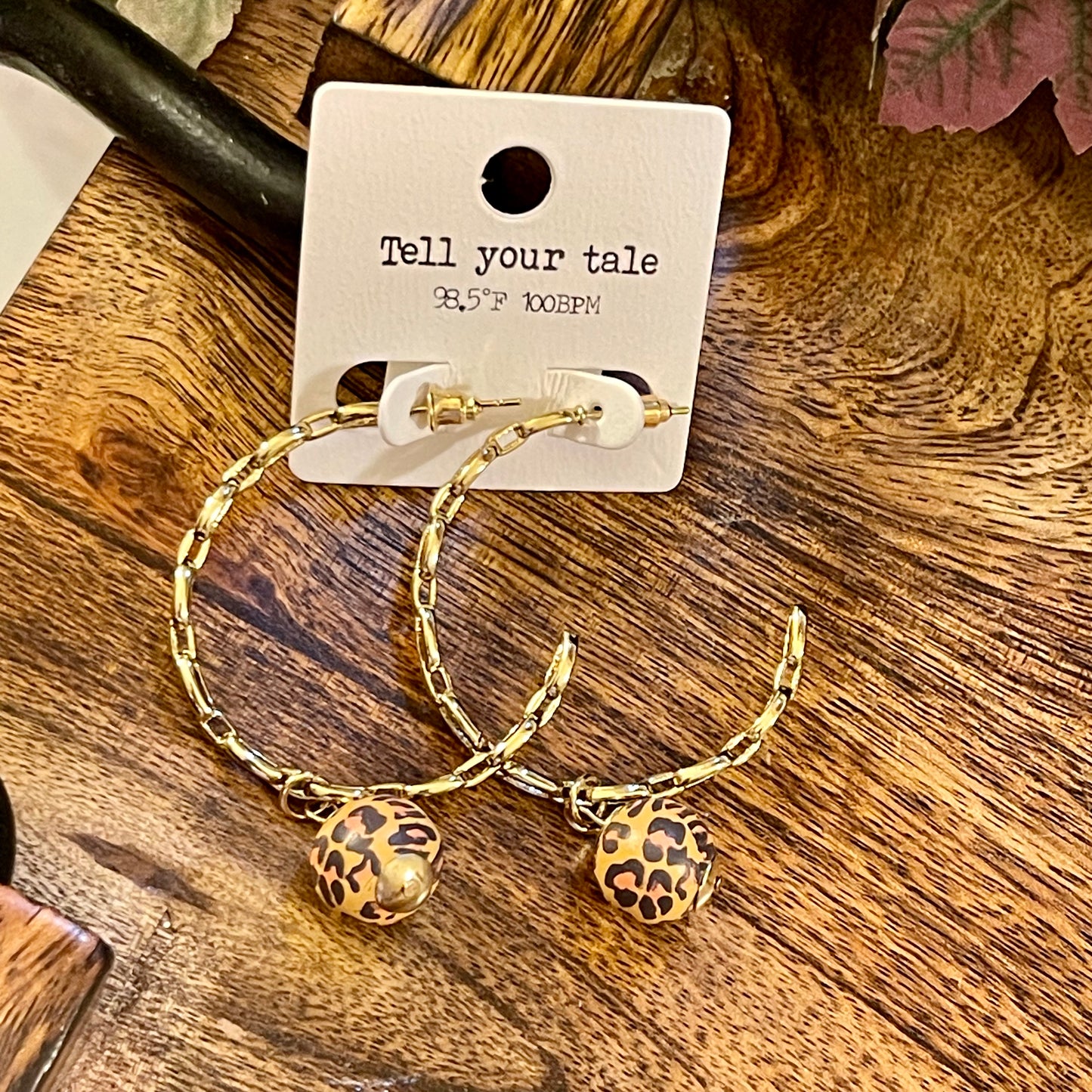 Gold Chainlink Half Hoop Post Back Earrings with Leopard Print Charm