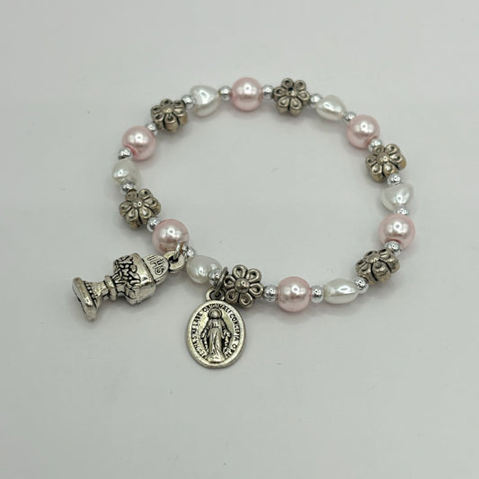 First Communion Rose and Heart Stretch Bracelet with Charms