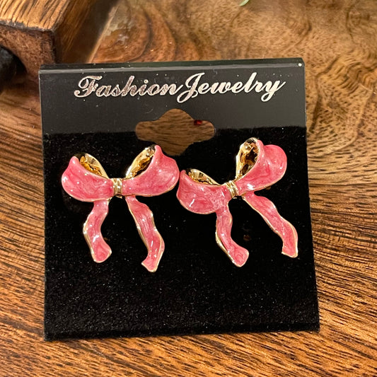 Pink Enamel ‘Bow’ Post Back Earrings