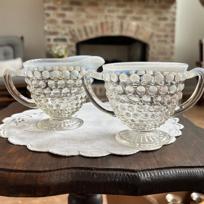 1940’s Anchor Hocking Moonstone Opalescent Hobnail Creamer and Sugar Set
