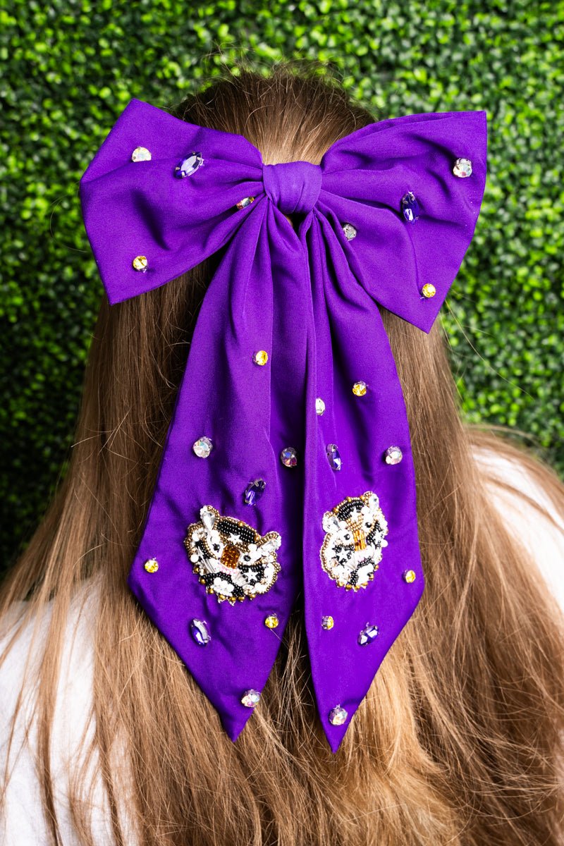 Geaux Tigers Hair Bow Featuring Seed Bead Tigers and Colored Stones