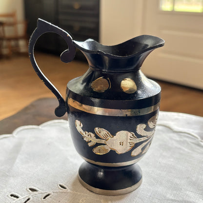 Brass Pitcher Etched Floral Design in Navy and Gold Color