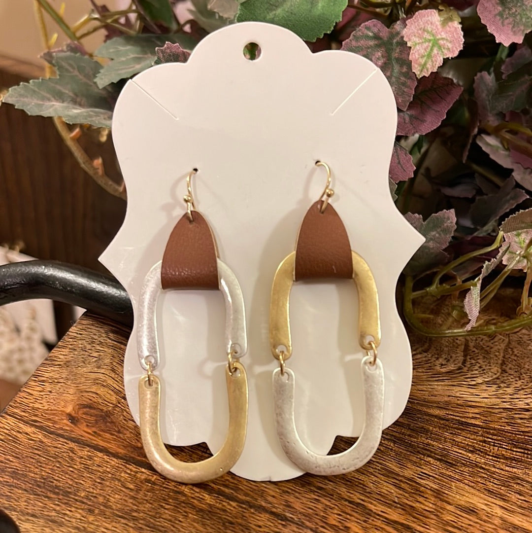 Worn Gold & Silver Mix Earrings with Leather Trim