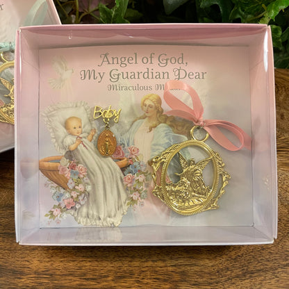 Guardian Angel Crib Medal with Miraculous Medal Crib Broach