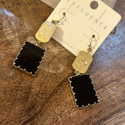 Hammered Gold Metal Dangle Earrings with Black Stone