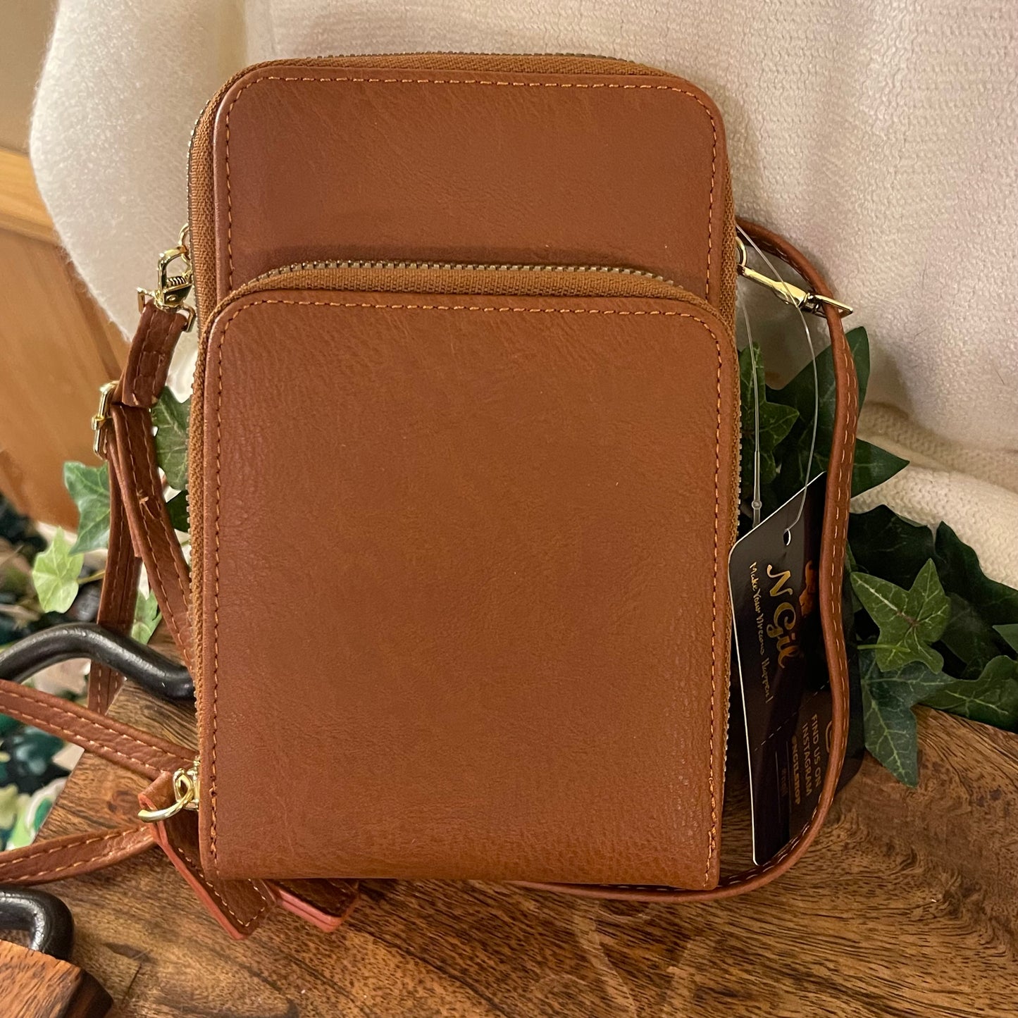 Brown Faux Leather Crossbody Phone Wallet