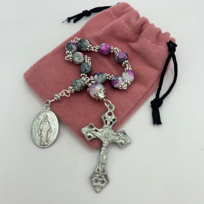 Pink Marble Pocket Rosary & Velvet Pouch