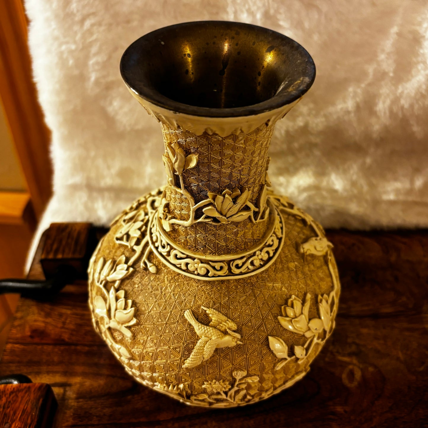 Vintage Ivory Carved Resin on Brass Vase Birds