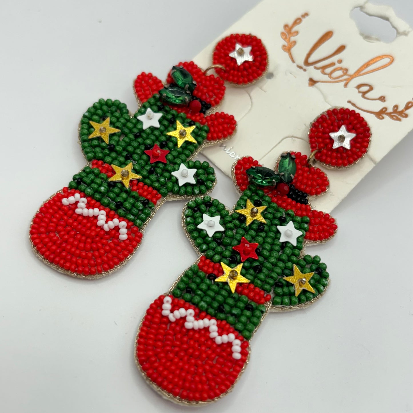 Christmas Statement Seed Bead Drop Earrings ~ Cowgirl Cactus • Cactus with Lights