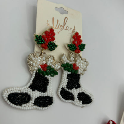 Christmas Statement Seed Bead Post Back Earrings ~Cow Print Boots • Car with Tree