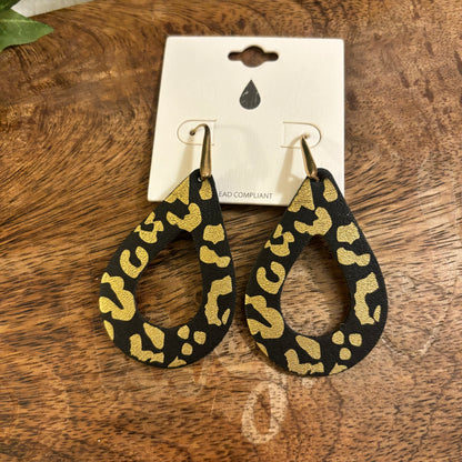 Brown and Gold or Black and Gold Leopard Print Teardrop Dangle Earrings