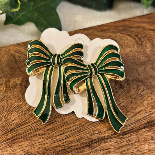 Bow Post Back Earrings Green & Gold