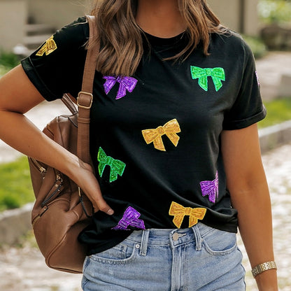 Mardi Gras Sequin Bow Knot Graphic T Short Sleeve Shirt