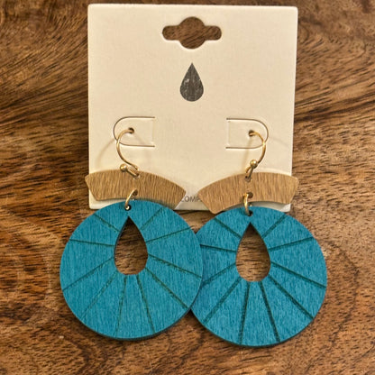 Teal Drop Cut Wood Drop Earrings