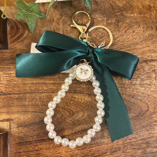 Green Fabric Bow & Pearl Keychain with Bow Charm