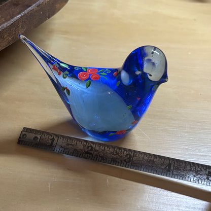 Glass Bluebird with Hand Painted Flowers Paperweight