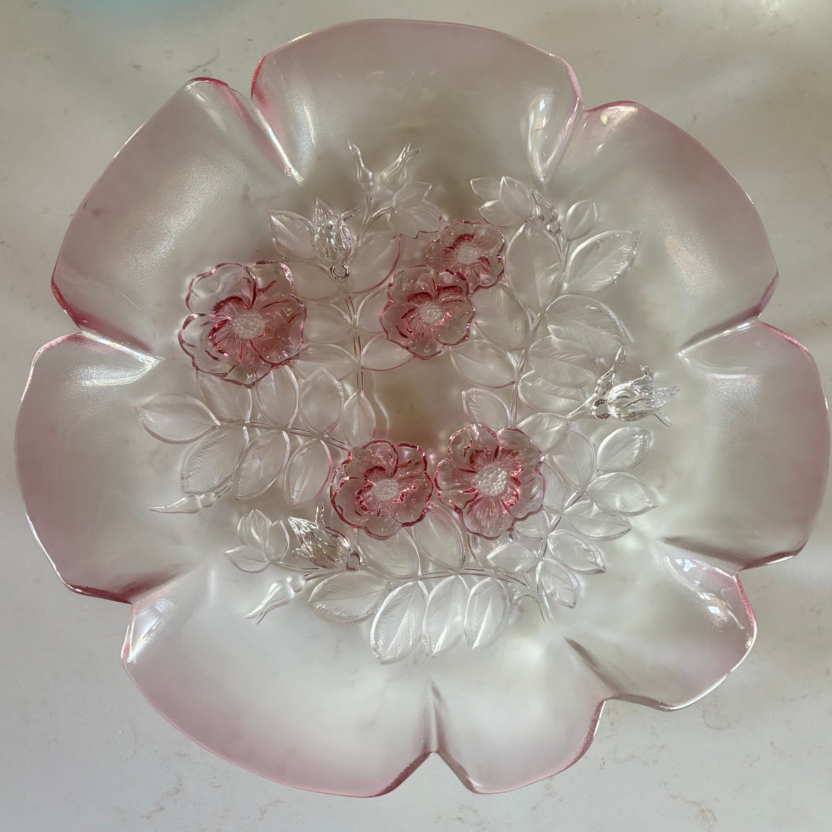 Vintage Mikasa Pink Rosella Walther Crystal 12.5” round platter/tray