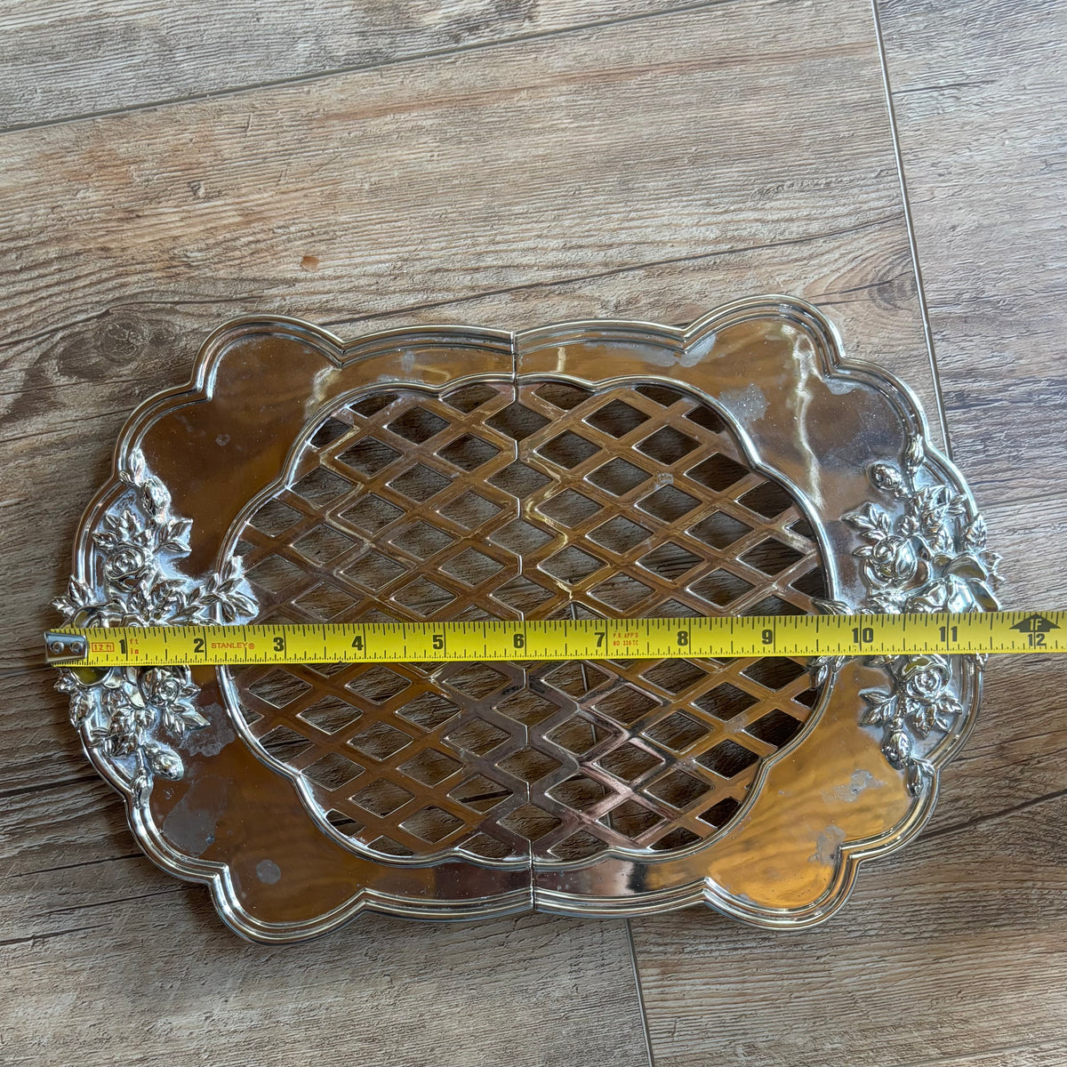 Vintage Silver-Plated Royal Doulton Old Country Rose Expandable Lattice Trivet Tray