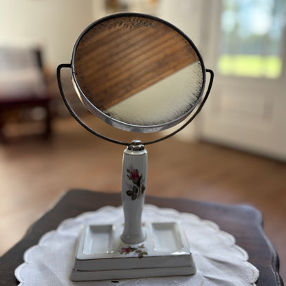 Mid Century Moss Rose Make Up Vanity Double Mirror on Porcelain Foot Made in Japan