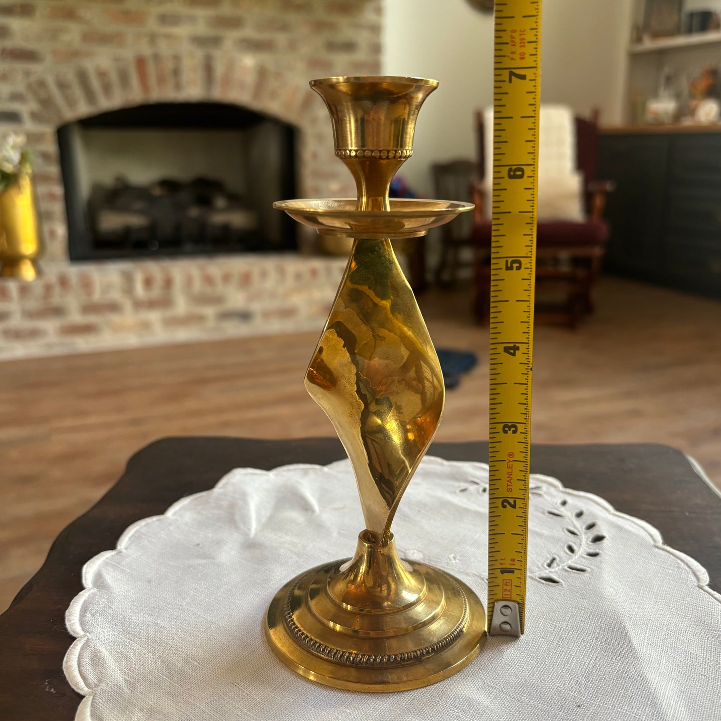 MCM Twisted Stem Brass Candlestick 7” with Beaded Embellishment on the trim