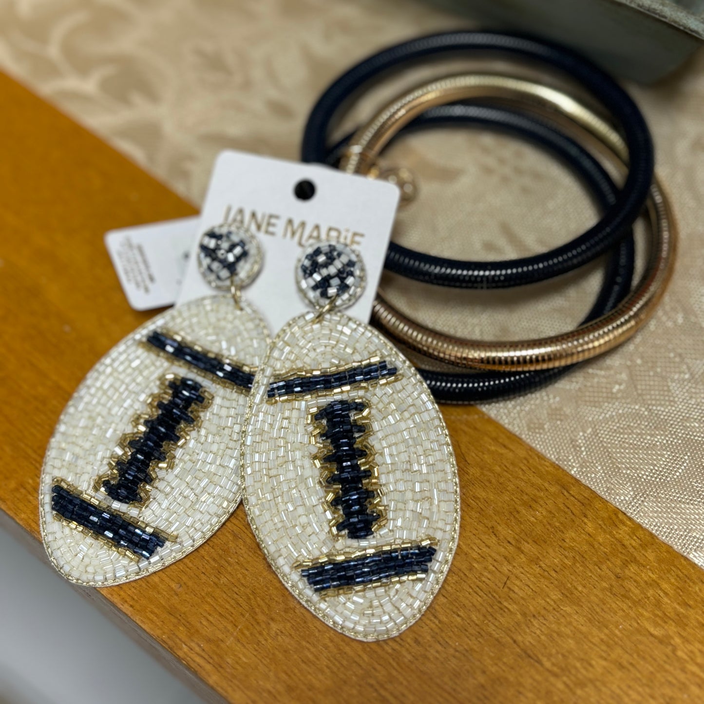 Navy and Ivory Football Earrings with Navy Ivory Gold Seed Bead