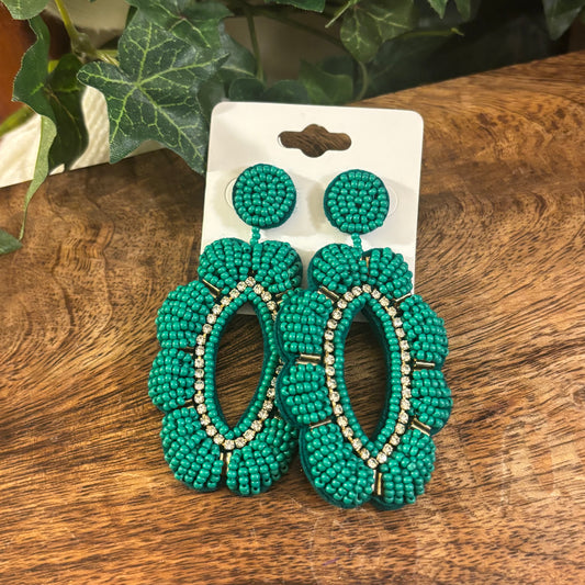 Green Statement Seed Bead Post Back Earrings