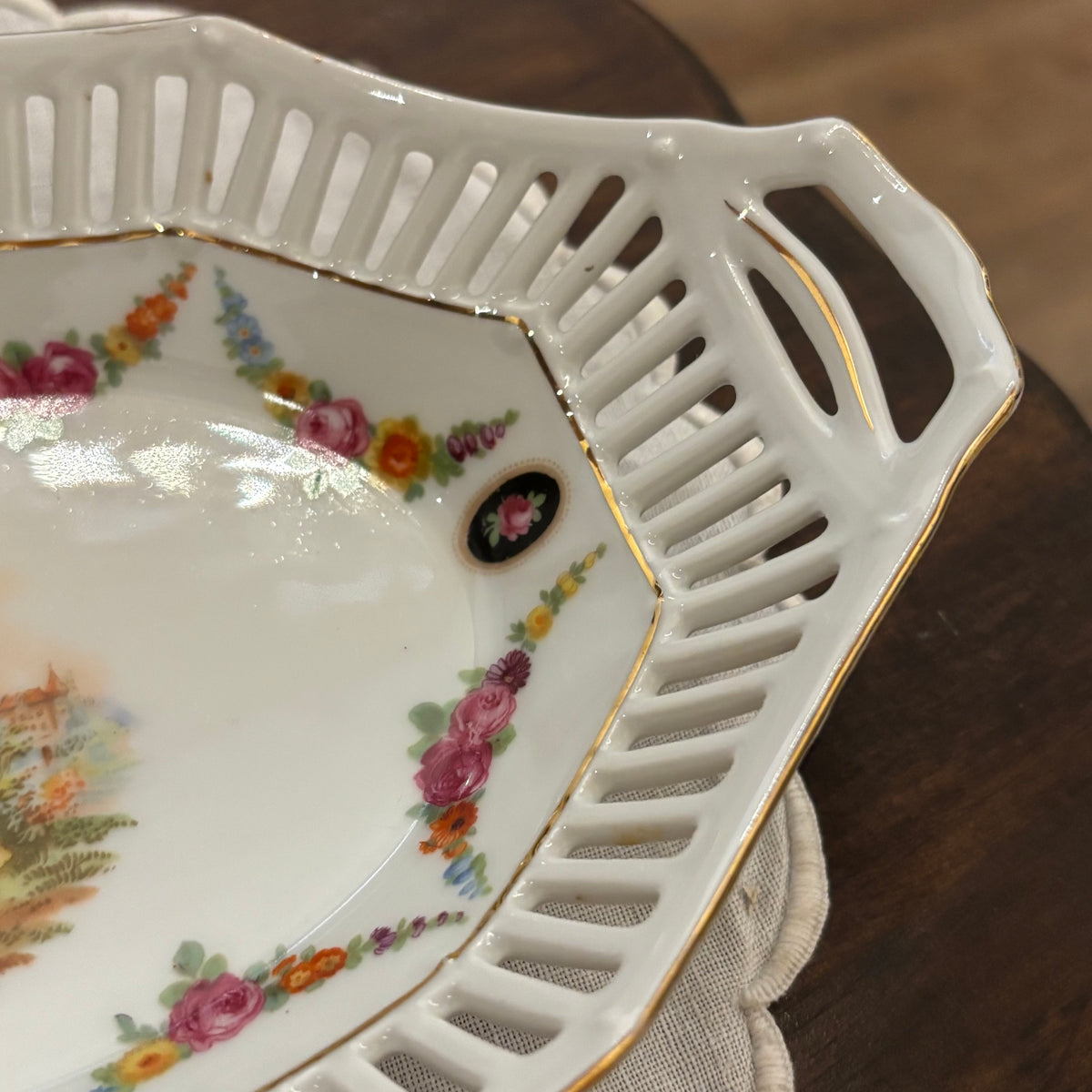 Vintage GERMAN 9.5" Oval Porcelain Basket Bowl Trellis with Reticulated Lace Rim