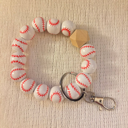 Baseball or Softball Chunky Wooden Bead Bangle Bracelet Key Ring