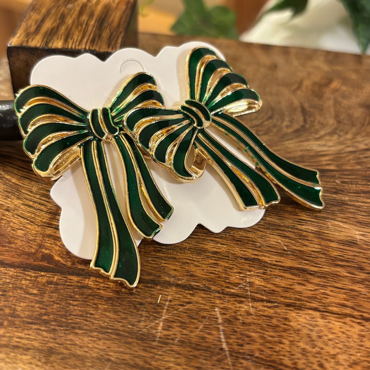 Bow Post Back Earrings Green & Gold