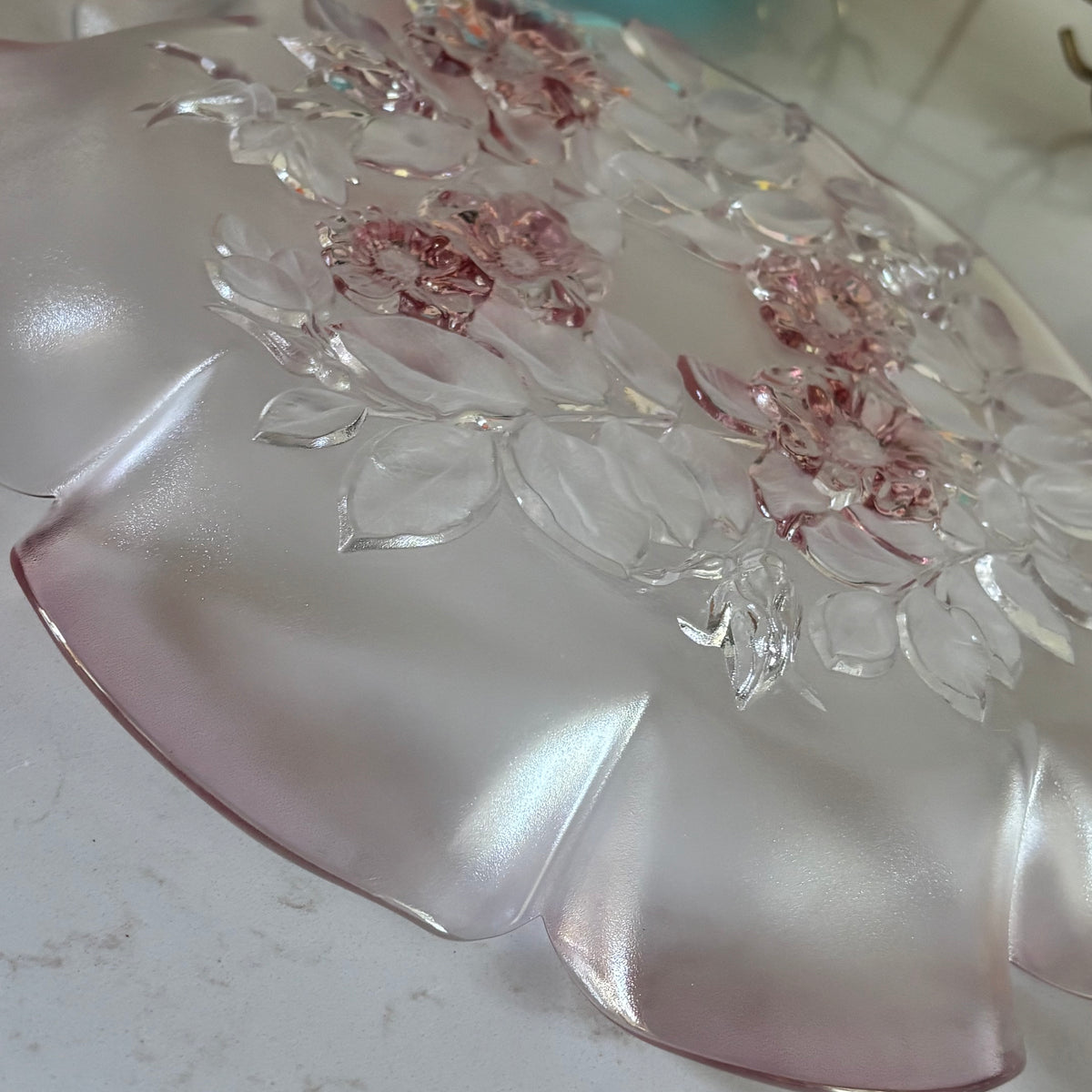 Vintage Mikasa Pink Rosella Walther Crystal 12.5” round platter/tray