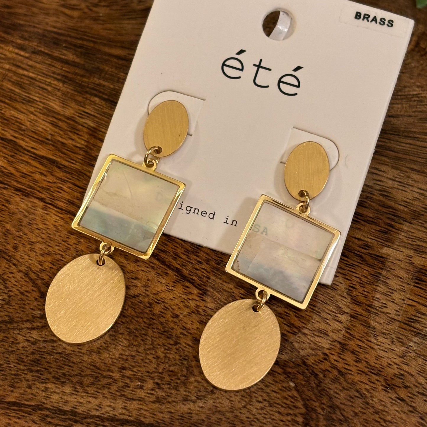 Gold Post Back Earrings with Mother of Pearl Square