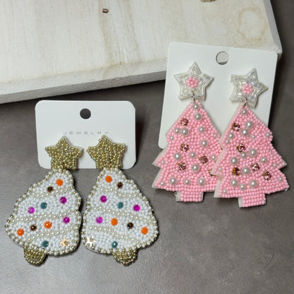 Christmas Statement Seed Bead Post Back Earrings Christmas Tree