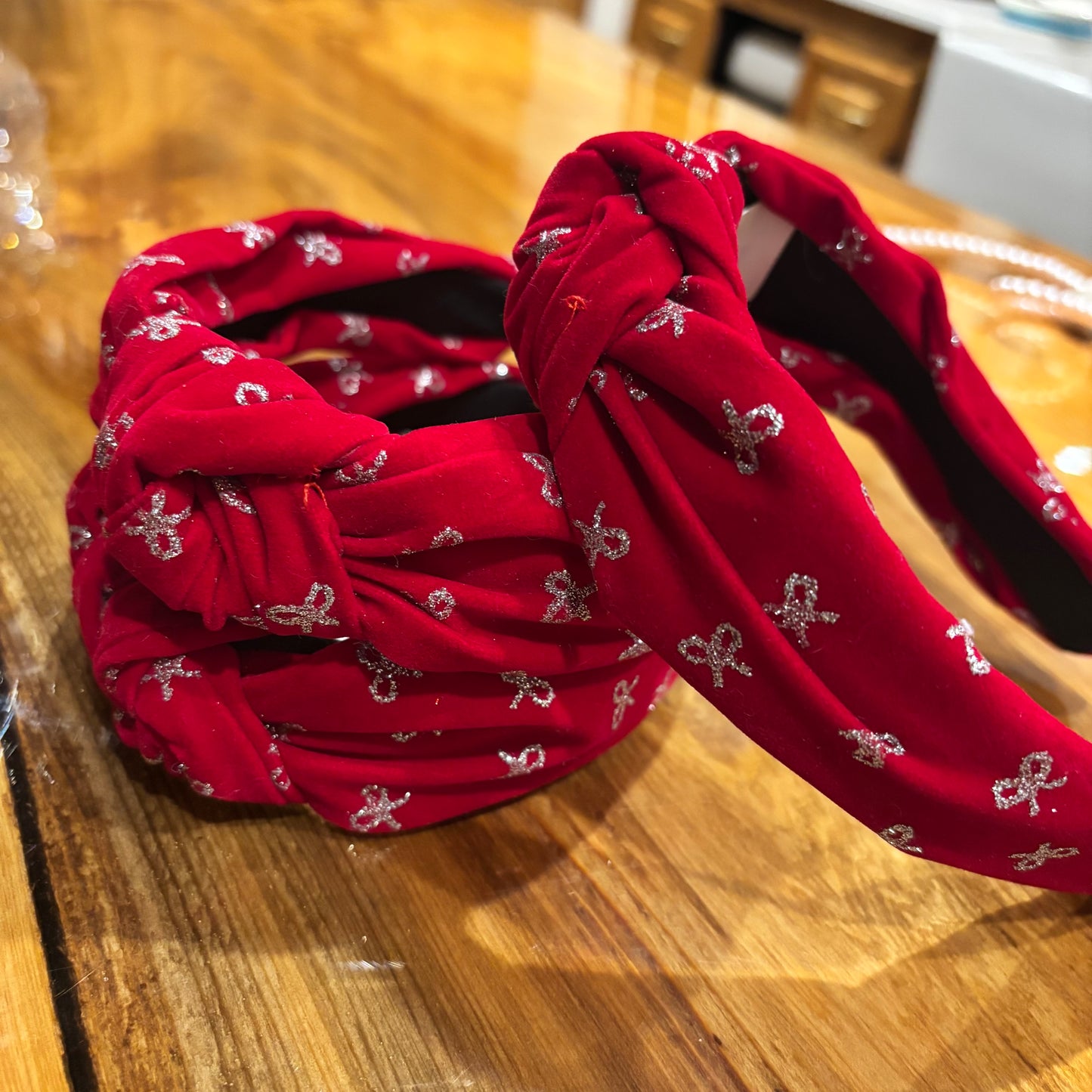 Top Knot Headband Red with Silver Bows