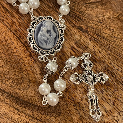 Madonna and Child Cameo Rosary with Pouch